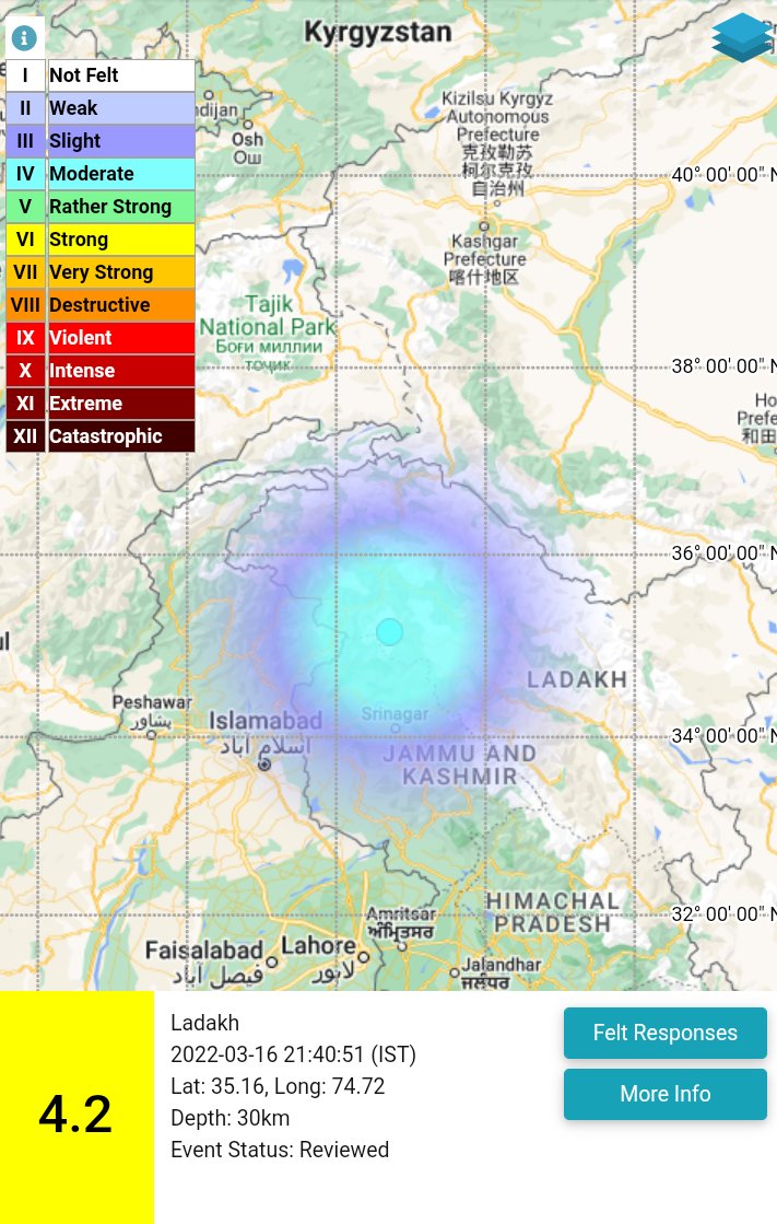 JAMMULINKS's tweet photo. An earthquake of magnitude 4.2 occurred around 9:40 pm at 119 km North of  Srinagar, Jammu and Kashmir: National Center for Seismology https://t.co/qxJfDWmwgC