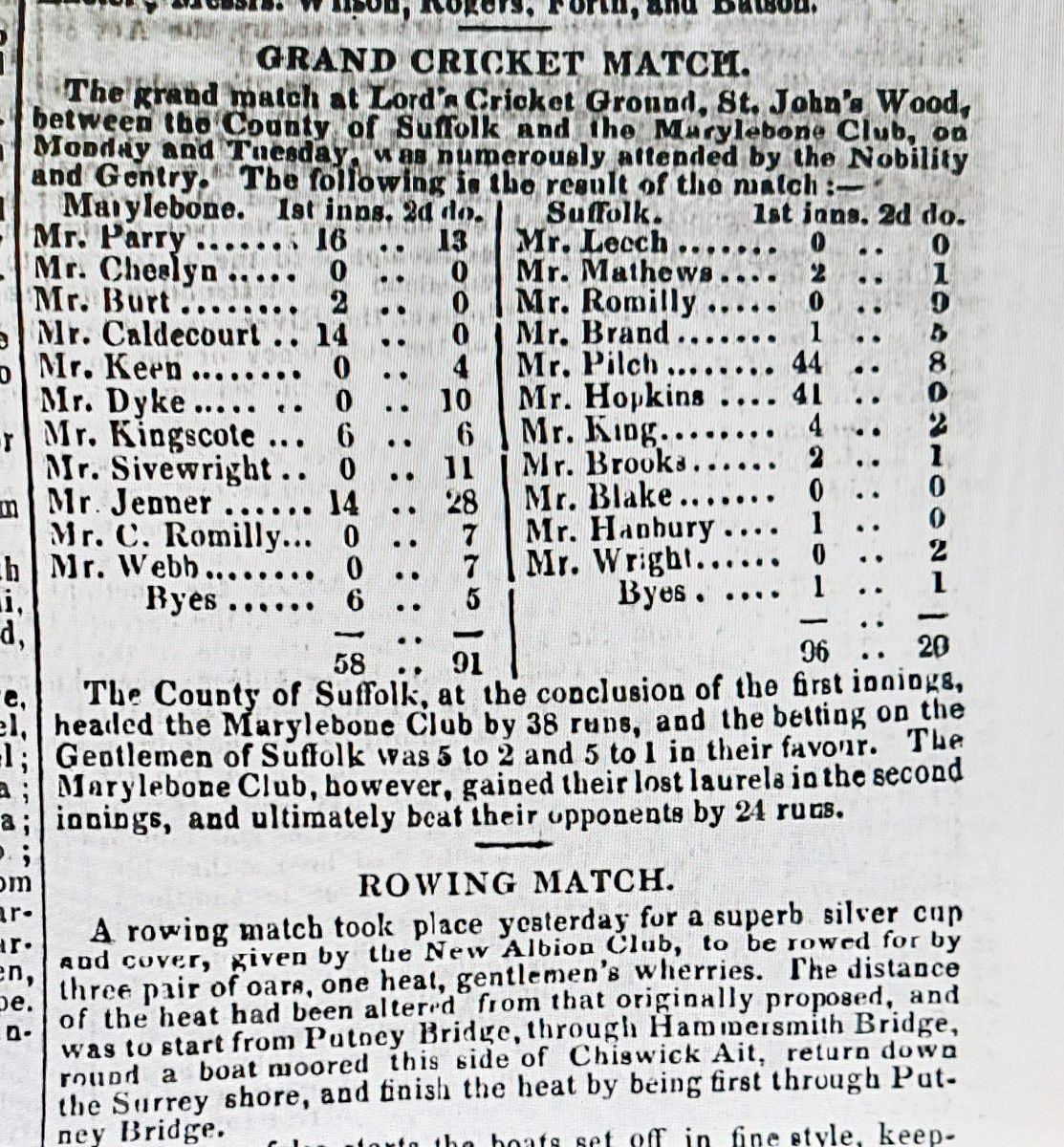 embk11's tweet photo. For those who like records of C19 matches at Lords. MCC vs. County of Suffolk, June 1828. Lots of betting on the possible result.  @MCCOfficial https://t.co/86v1dMU8dJ