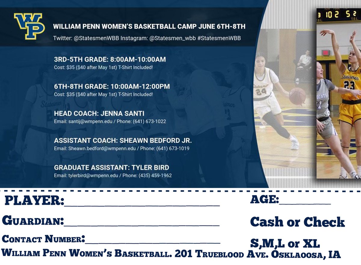 StatesmenWBB's tweet photo. DO NOT MISS OUT! We are having a youth summer camp June 6th-8th! Find out more, click below!⤵️ https://t.co/8kj4Sl7C6T