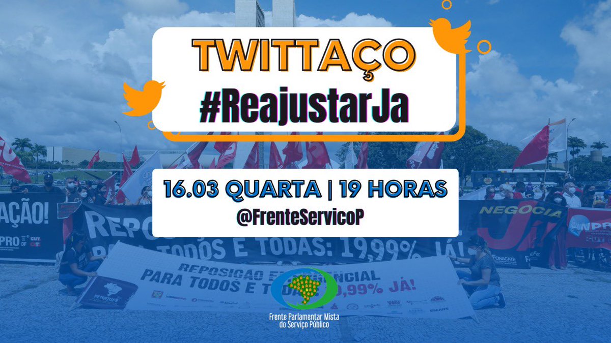 FrenteServicoP's tweet photo. ✔️ATENÇÃO, HOJE (16/03) ÀS 19H, VAMOS TODOS(AS) JUNTOS(AS) NO TWITTAÇO POR REAJUSTE PARA TODOS OS SERVIDORES!!!

📲 Utilize a hashtag #reajustarja 
⠀
👊🏾 Vamos lá! Participe! Divulgue!
Junte-se à nós❗É luta❗️

▪️REAJUSTE SALARIAL DE 19,99% JÁ!!
👊🏽👊🏽👊🏽 PARTICIPE CONOSCO! https://t.co/0urcOYzym6