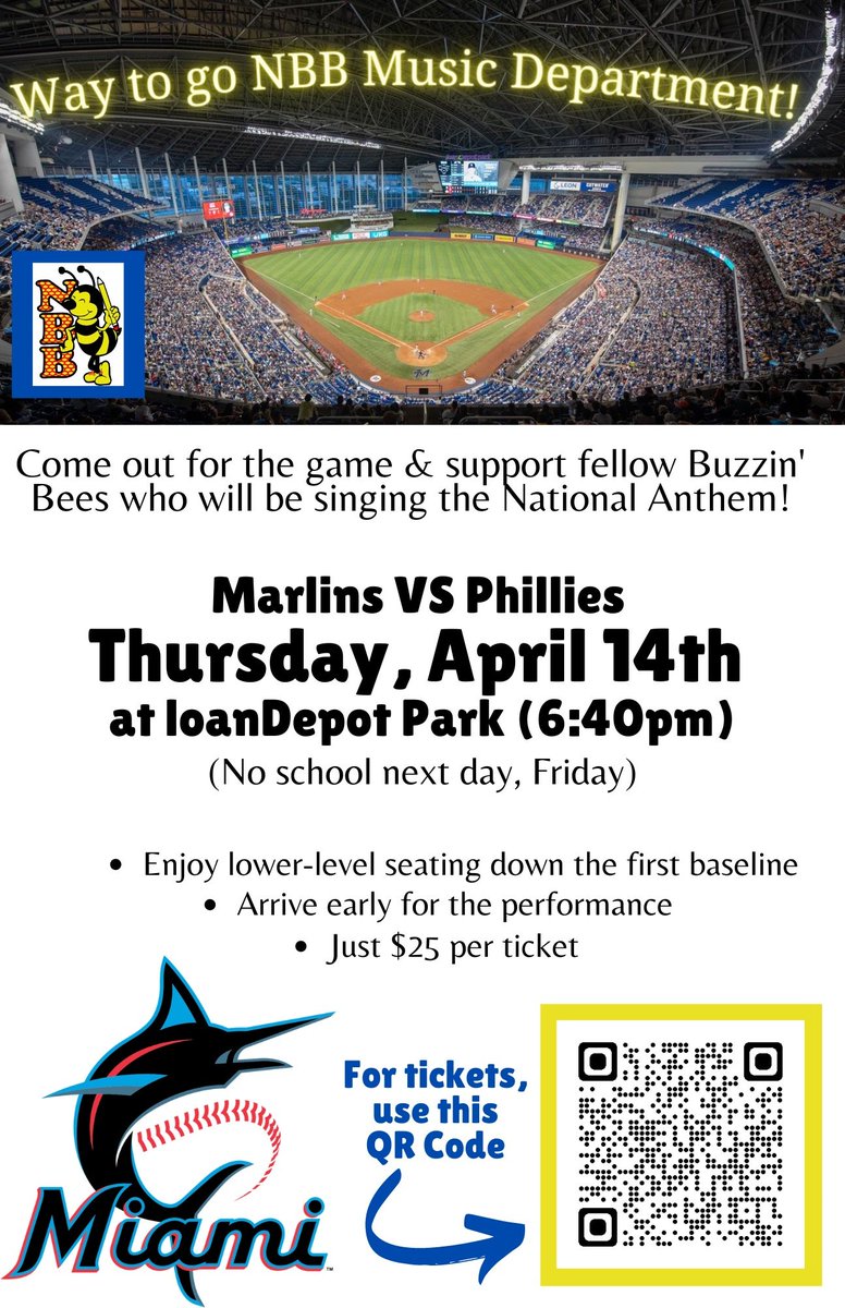 NBB_Elementary's tweet photo. Reposted from @nbbpta We are excited to announce that our NBB Chorus will be singing the National anthem at the Marlins Game. Please join us to support our Buzzin' 🐝 #nbbpta #nbbe #marlinsgame #nbbchorus #nationalanthem @MDCPS @MDCPSSouth @SuptDotres https://t.co/f8yobLYW8Y