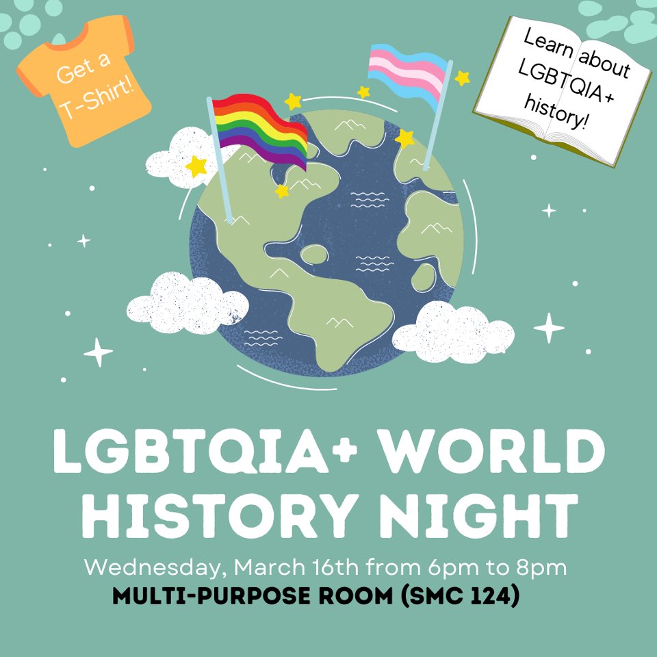 GSAMillersville's tweet photo. Join us for our queer world history event tonight! Learn something new and get a GSA T-shirt with a stamped card! 🌈 https://t.co/g1DgCGSLI6