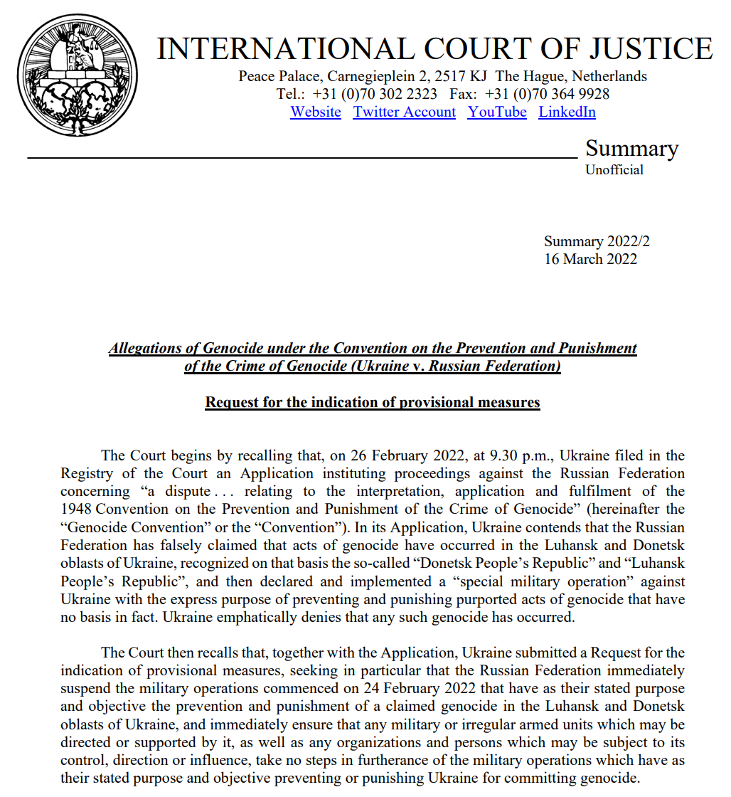 READ HERE: a summary of the #ICJ Order indicating provisional measures in the case concerning Allegations of Genocide under the Convention on the Prevention and Punishment of the Crime of Genocide (#Ukraine v. #Russia) bit.ly/3qboedC