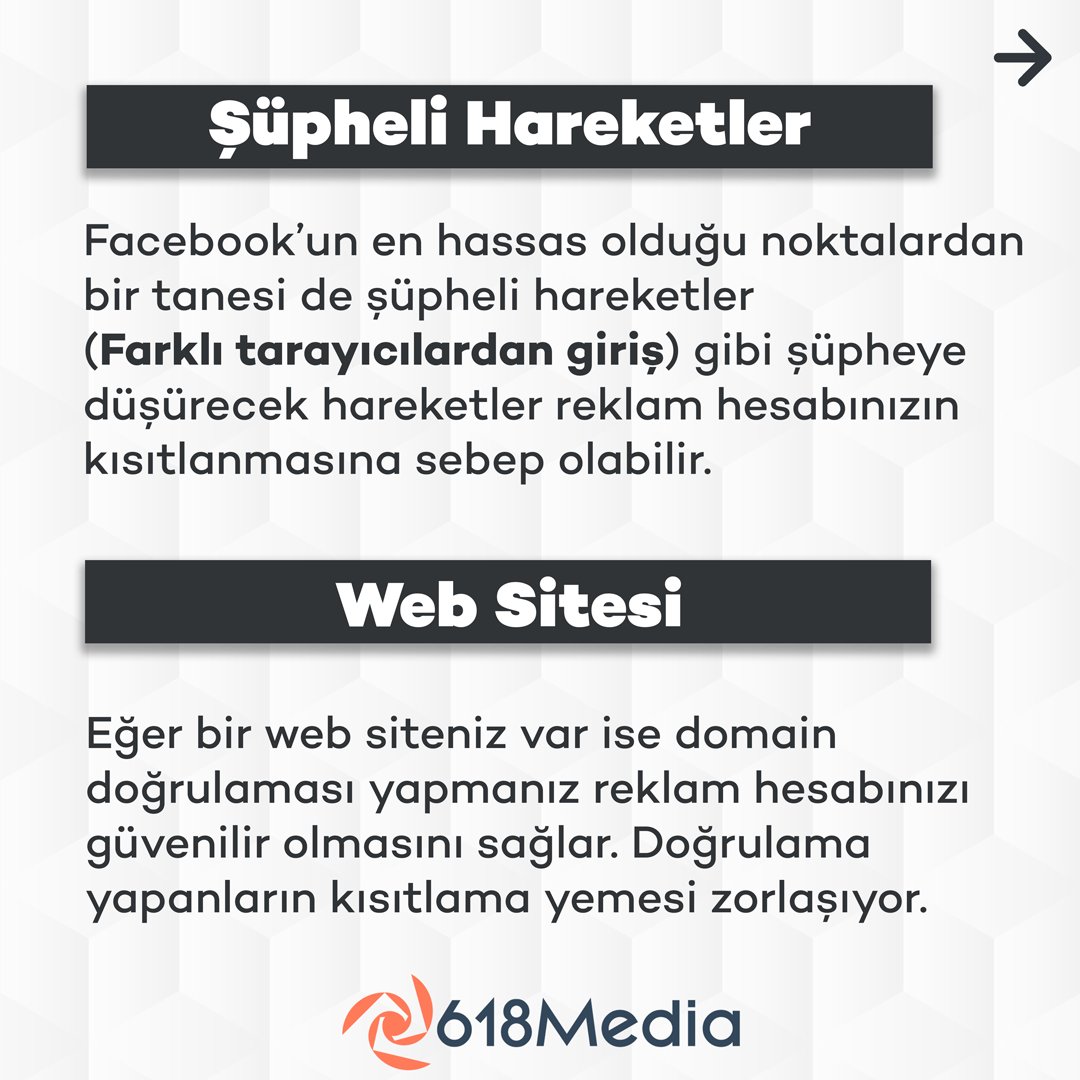 618Media's tweet photo. 👉🏻 Reklam hesaplarının kısıtlanma/kapanma durumu her işletmenin yaşadığı ya da yaşabileceği bir problem türüdür. Bu problemi yaşamamak için yapabileceklerinizi kısaca açıkladım.

❓ Siz reklam hesabı problemleri yaşadınız mı?

Profesyonel... https://t.co/0AIV6M5n2U