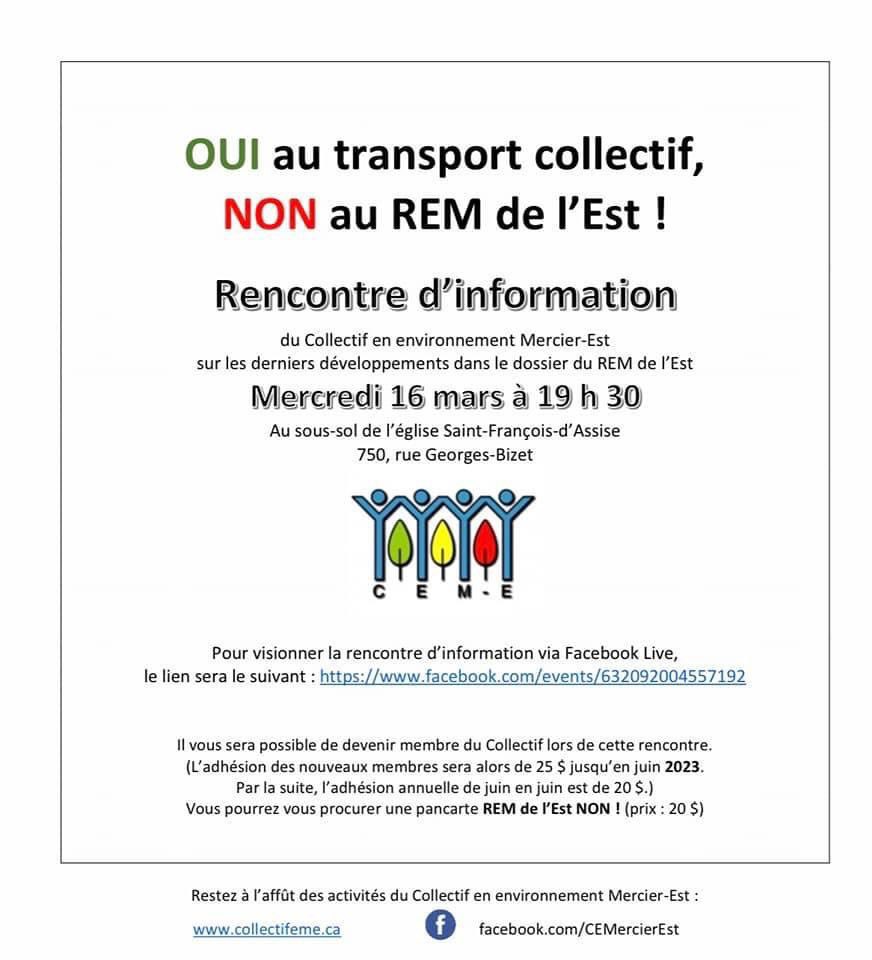 Collectif_Mest's tweet photo. Rencontre d’information ce soir!
#remdelest #rem #polqc #mhm #mercierest #transportcollectif https://t.co/F6bHn39Nzt