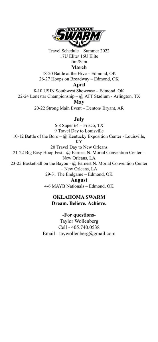 addisonpiv33's tweet photo. My Oklahoma Swarm 17U/16U Schedule! Coaches save the dates!! See you all this summer! 💛🐝#AP33 https://t.co/xIz6uRi35G