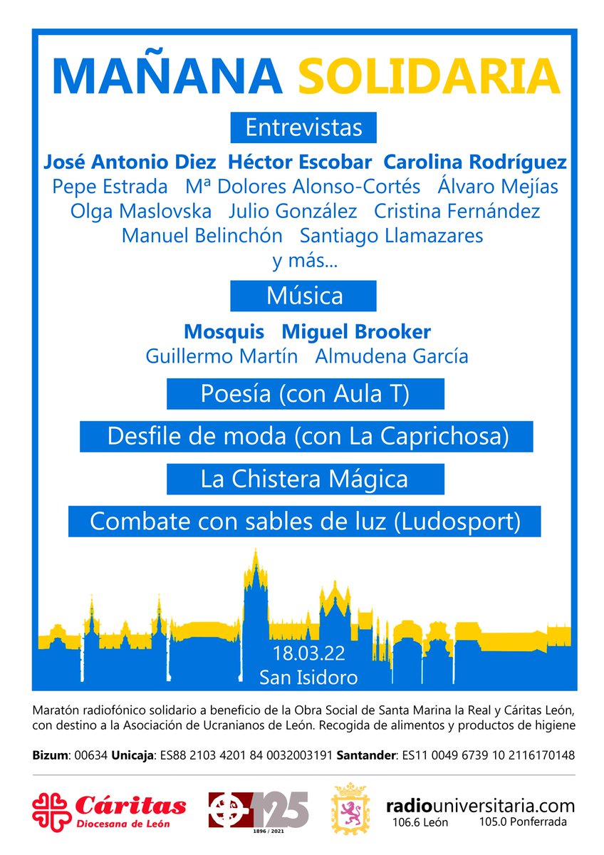 RadioUnileon's tweet photo. El viernes tienes una cita con más de 5 horas de entrevistas, música en directo, desfile de moda, y mucho más. Todo, para ayudar a la comunidad ucraniana en León. ¡Colabora con alimentos, productos de higiene o tu donativo económico! #leonesp #ucrania #solidarityWithUkraine https://t.co/QiabnSVcWx