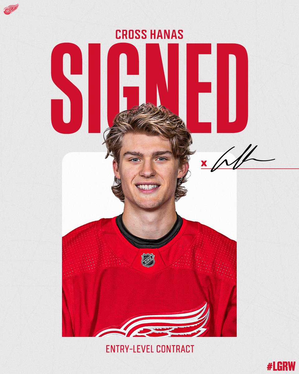 DetroitRedWings's tweet image. UPDATE: The #RedWings today signed right wing Cross Hanas to a three-year entry-level contract.

Details » redwn.gs/hanasELC