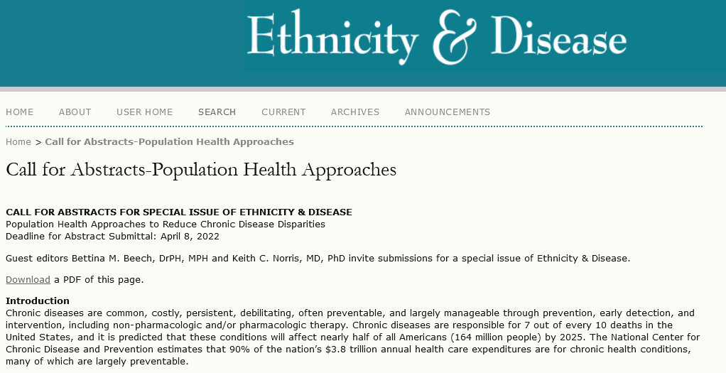 Call for Papers on #PopulationHealth Approaches to Chronic Disease #Disparities. Abstract deadline: April 8. bit.ly/3iaXeqa