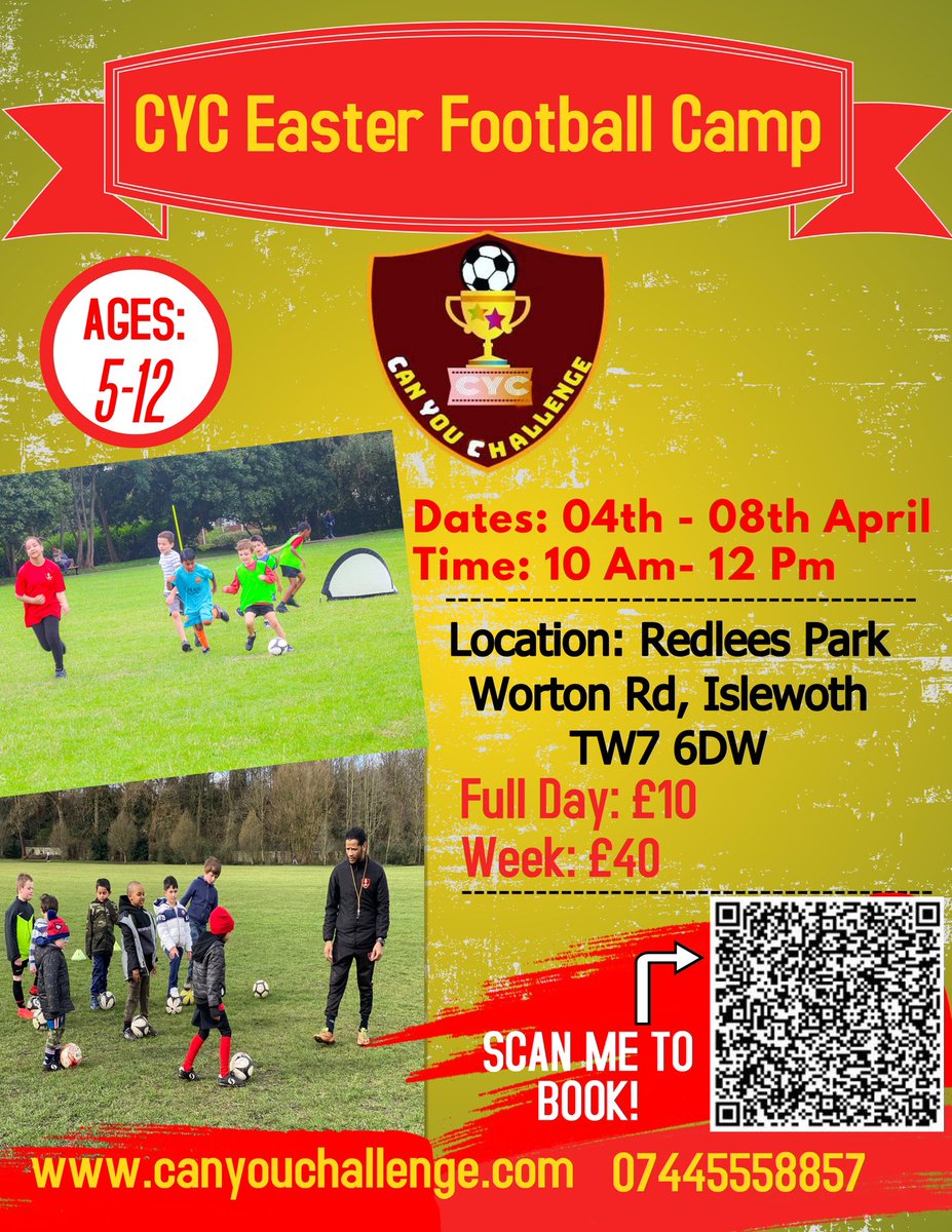 canyouchallenge's tweet photo. ⚽Easter football camp⚽

📣We are very happy to announce 1 week of CYC Easter Football Camp ⛺

Specialising in football development⚽ &amp; Life skills 📚

To book your place✅please scan our QR code or follow the link below:
https://t.co/gtjKvcuz9e 

☎️ 07445558857 https://t.co/0gxjFOwe4T