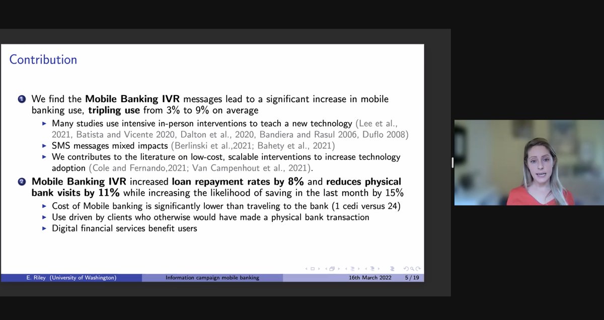 Next up, @emmariley discusses how information campaigns, in the form of interactive voice response (IVR) messages on the benefits of mobile banking, can successfully encourage financial technology use in Ghana #OxCSAE2022 <a href="/Oxford_CSAE/">CSAE</a>