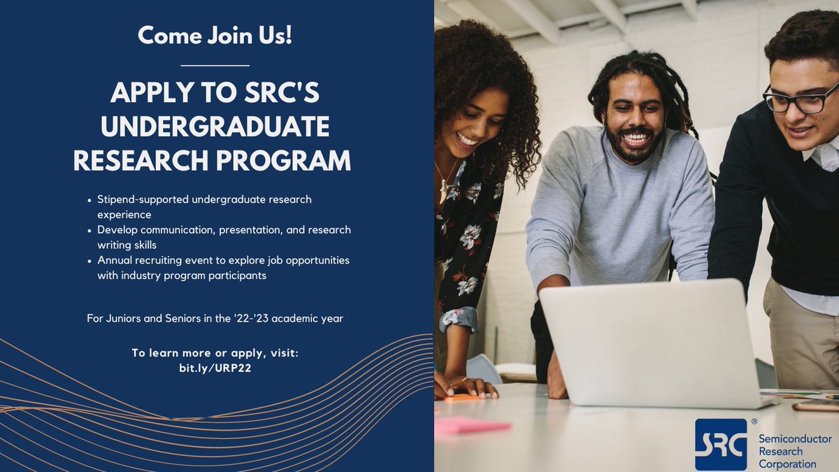 srcorg's tweet photo. Are you an undergraduate interested in the #semiconductor industry? Apply for SRC’s Undergraduate Research Program (URP)! You’ll get a stipend to do #research that will help prepare you for grad school or employment. Learn more and apply here https://t.co/LN8O4K12pa #SRCorg https://t.co/7cIGR1Fwgx