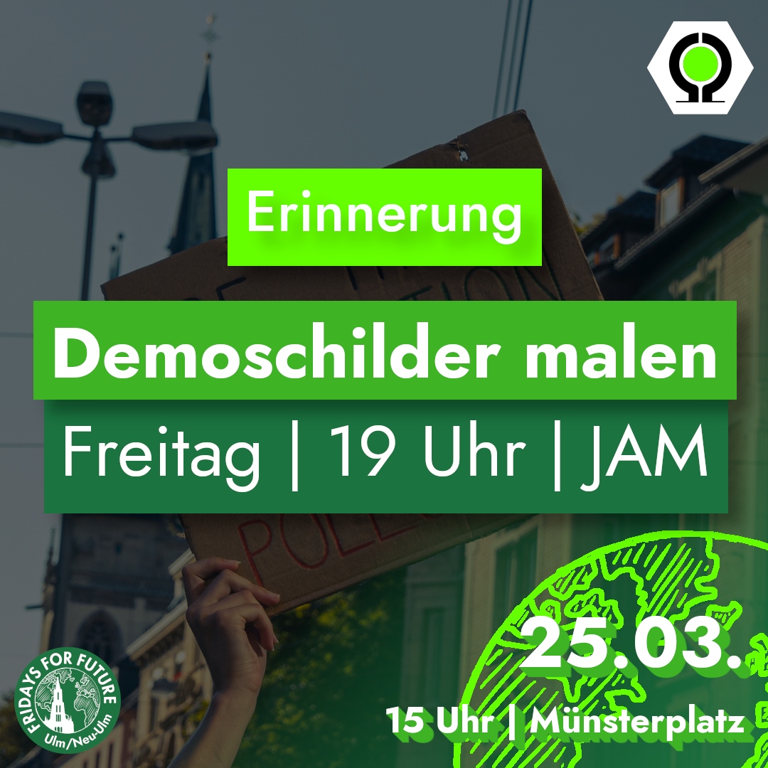 fff_ulm's tweet photo. Diesen Freitag wollen wir zusammen mit euch Demoschilder für den nächsten globalen Klimastreik malen.
Wir treffen uns dafür um 19 Uhr im JAM, direkt am Münster.
#peoplenotprofit #globalstrike
#fridaysforfuture https://t.co/qYBZADjML8