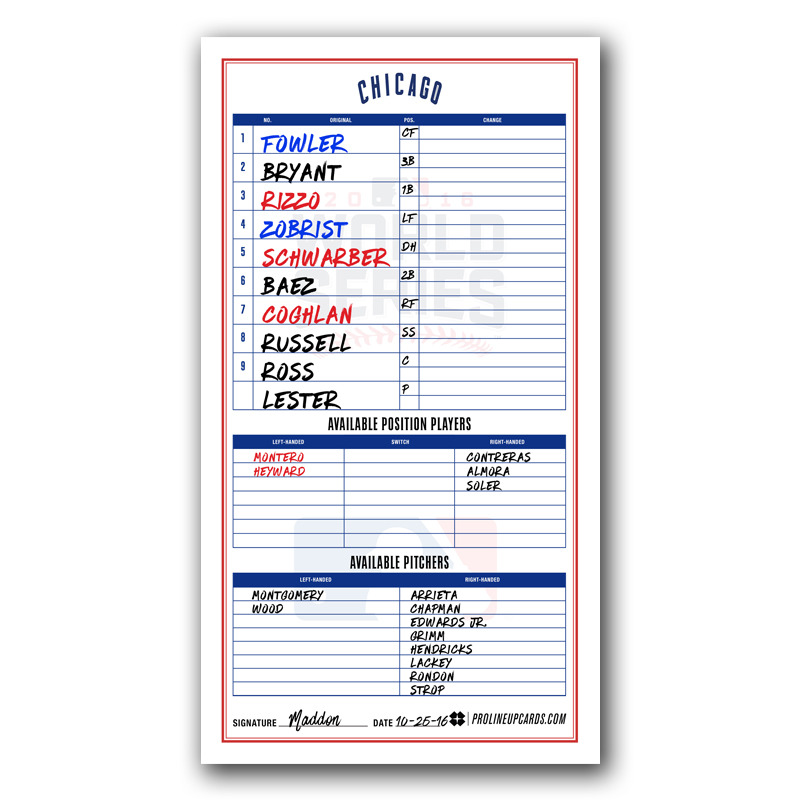 prolineupcards's tweet photo. Here is the Lineup Card from game 1 of the historic 2016 World Series! Would you have done anything differently? #WorldSeriesWednesday
https://t.co/n50VzOBugg https://t.co/DOW3bpyUPZ