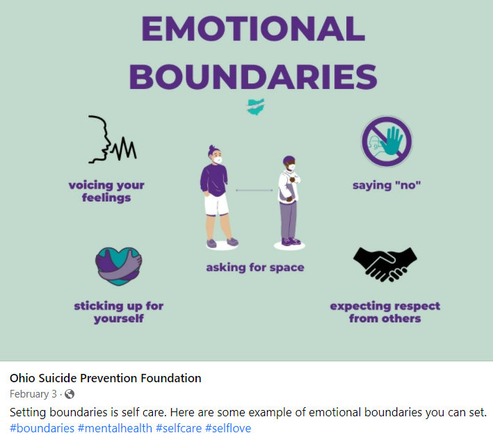 LOSS_CS_'s tweet photo. Some helpful tips from the #OhioSuicidePreventionFoundation on setting emotional boundaries.
#Boundaries #HealthyBoundaries #Grief #GriefJourney #SuicidePostvention #LossCS https://t.co/ihlQ78oVLA
