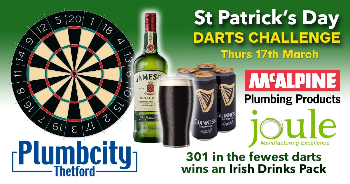 JOULE and McALPINE are visiting Plumbcity Thetford tomorrow to celebrate St Patrick's day. Come along and play our darts challenge - 301 in the fewest darts wins an Irish Drinks Pack! Ask Staff for more details. #StPatricksDay #DartsChallenge #IrishDrinks #Freebie