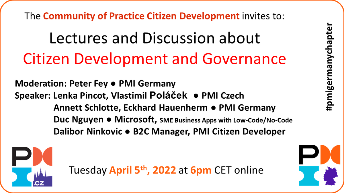 PMIGermany's tweet photo. Wie sieht die richtige Unternehmensstrategie aus, damit #CitizenDevelopment erfolgreich genutzt werden kann? Welche Untenehmensregeln müssen entwickelt und eingehalten werden? Interessante Online-Diskussion am 5. April mit PMI-Experten und Microsoft als Gast. Diskutieren Sie mit! https://t.co/Z4iUHchI3m