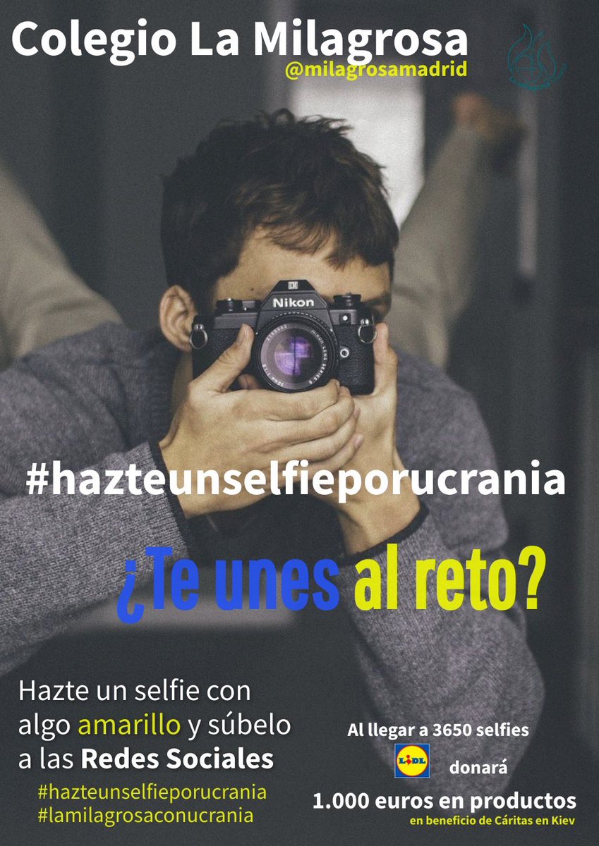 milagrosamadrid's tweet photo. Madrid-Kiev a tan solo 3650 selfies. Los alumnos de 3 ESO lanzan un reto: inundar las redes de selfies amarillos. Si lo conseguimos @lidlespana donará 1000 euros en productos para que  @caritasmadrid envíe a Kiev ¿Te unes al reto? Lo conseguiremos #hazteunselfieporucrania https://t.co/M6hU3Hqjbj