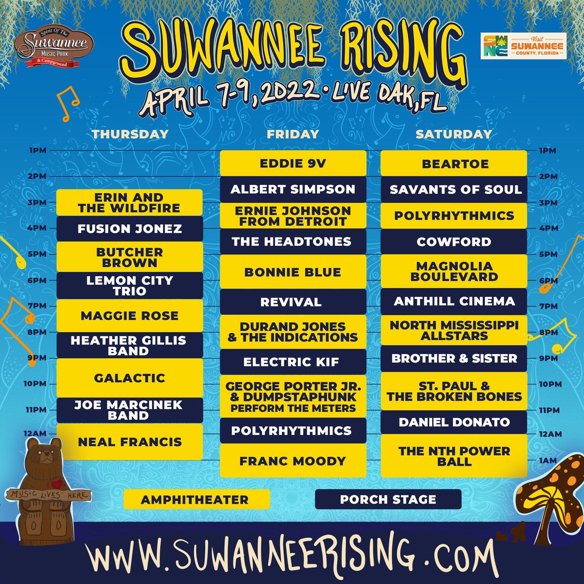 SuwanneeRising's tweet photo. We are thrilled to announce to the Suwannee Rising music schedule! 

We’ll see you April 7-9 at the Spirit of the Suwannee Music Park! https://t.co/e9hzTateL0
