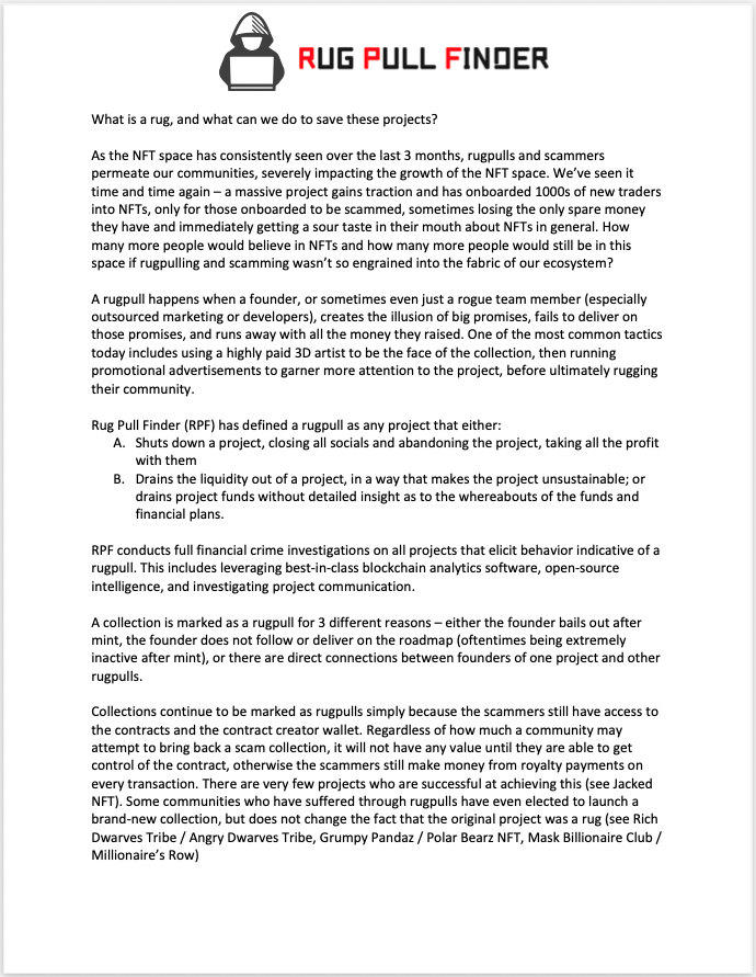 rugpullfinder's tweet photo. We have been building toward this launch for months, having advised many communities on their unrugging process. We are excited to share this document with you as we continue protecting the NFT space from scammers and give back to victims of rugpulls. https://t.co/sDeSSE4KFv