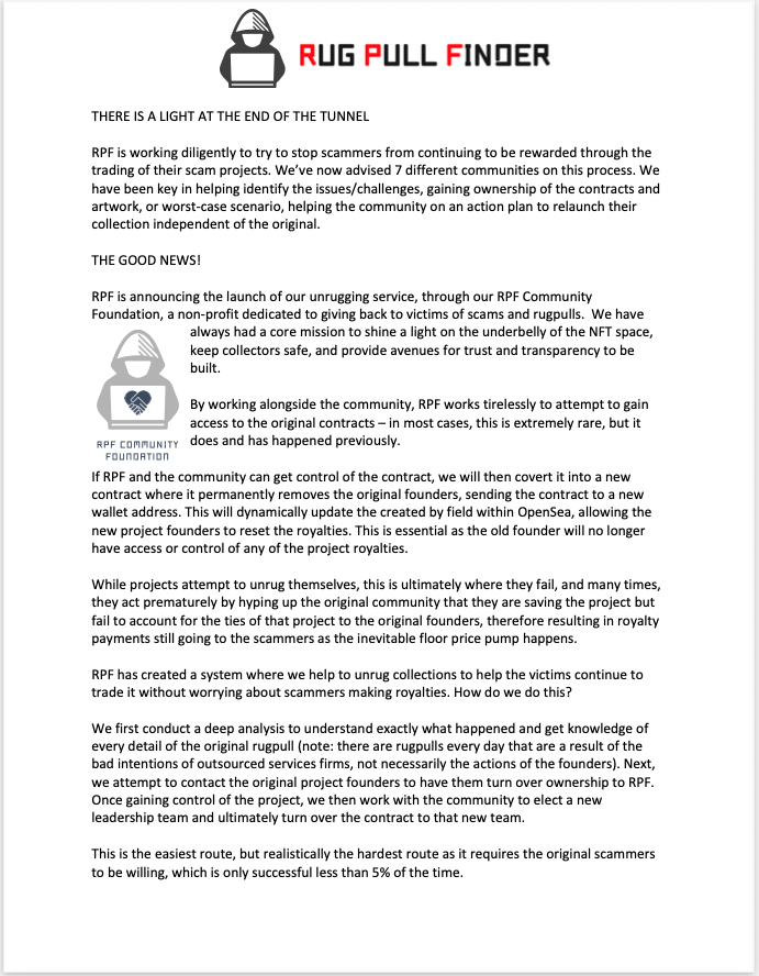 rugpullfinder's tweet photo. We have been building toward this launch for months, having advised many communities on their unrugging process. We are excited to share this document with you as we continue protecting the NFT space from scammers and give back to victims of rugpulls. https://t.co/sDeSSE4KFv
