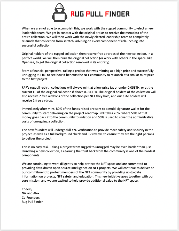 rugpullfinder's tweet photo. We have been building toward this launch for months, having advised many communities on their unrugging process. We are excited to share this document with you as we continue protecting the NFT space from scammers and give back to victims of rugpulls. https://t.co/sDeSSE4KFv