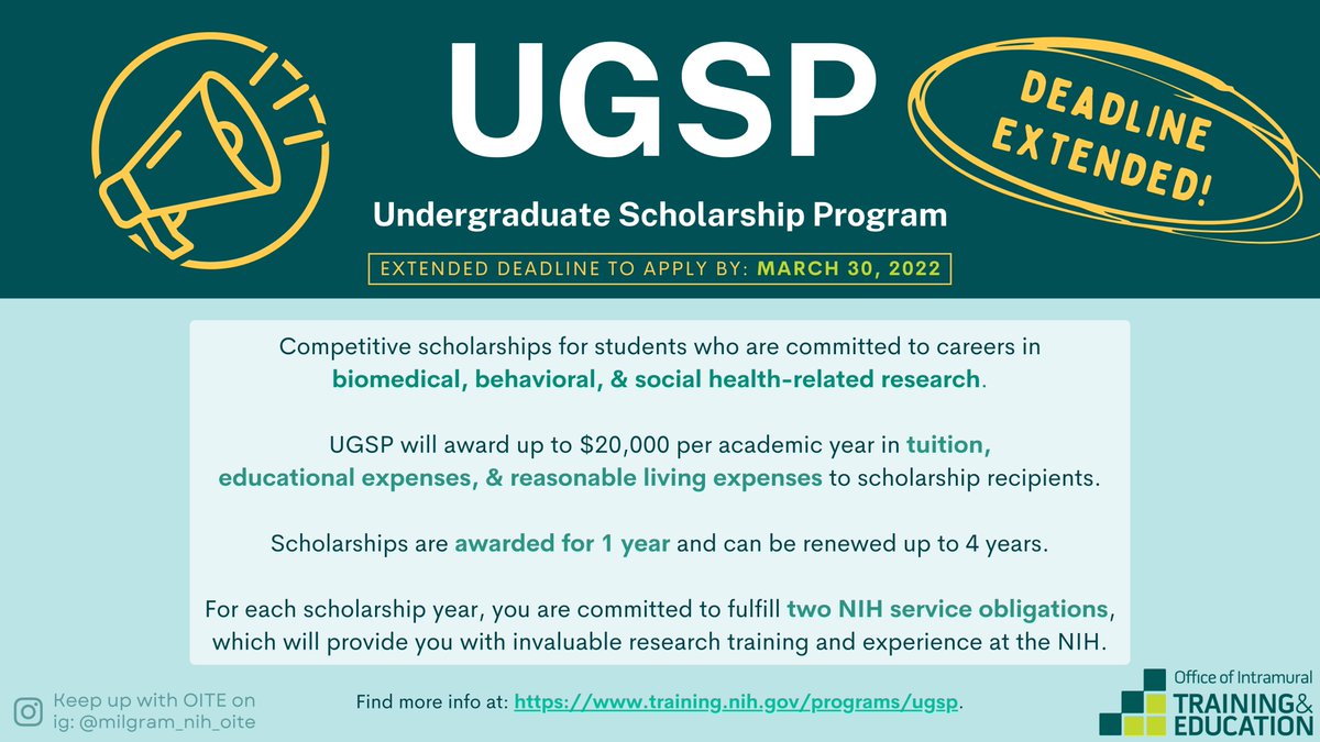 NIH_OITE's tweet photo. We've extended the application #deadline for #UGSP until March 30, 2022 – Don't miss out on this opportunity to apply for the program before it's too late!

More info here: https://t.co/KnrbUlsMDa

#Application #Scholarship #Biomedical #Research #AcademicTwitter #NIHOITE https://t.co/u4XVZaO8jR