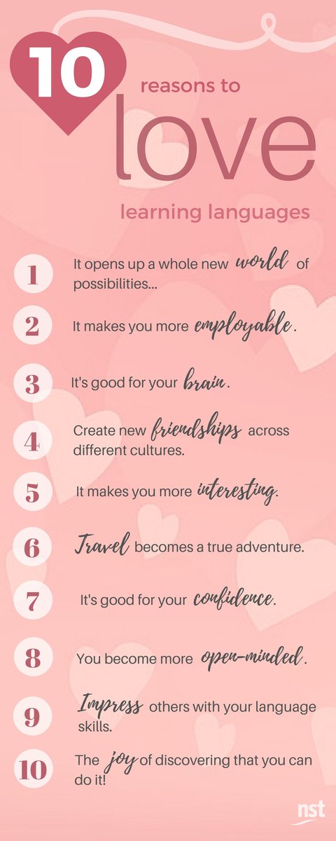 NSTLanguages's tweet photo. Here are 10 reasons to love learning languages (although there are many more!) 💜 

#MFL #mfltwitterati #LanguageLearning https://t.co/wRdXtQ69Sx