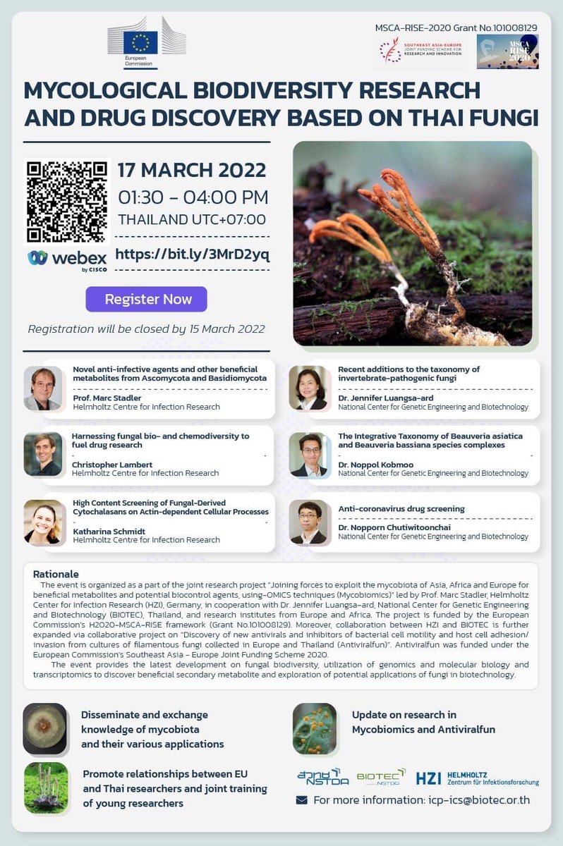 Please join this webinar to learn from two of our partners @nstda and @Helmholtz_HZI on the latest development on #fungalbiodiversity and exploration of potential applications of #fungi in #biotechnology. bit.ly/3MrD2yq #genomics #beauveria #genomics