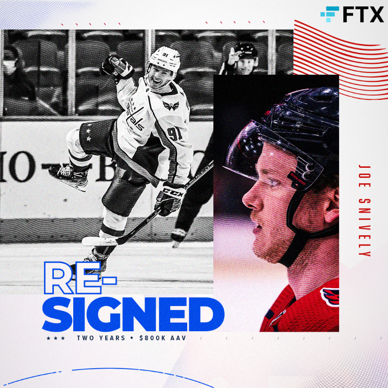 Capitals's tweet photo. NEWS | The Washington Capitals have re-signed forward Joe Snively to a two-year, $1.6 million contract, senior vice president and general manager Brian MacLellan announced today. The contract will carry an average annual value of $800,000.

#ALLCAPS | @FTX_Official