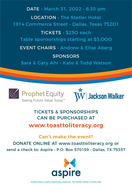 Aspire_ToLearn's tweet photo. SAVE THE DATE! Join us on Thursday, March 31 as we celebrate Toast to Literacy 2022 at The Statler hotel. Don't forget to purchase your tickets at https://t.co/Du08oxFlBl!
#toasttoliteracy #aspiretolearn https://t.co/BbnQGaeZFH