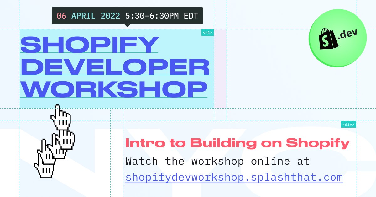 ShopifyDevs's tweet photo. Learn the basics of Shopify Apps, Themes, and Storefronts and how developers use Shopify APIs to build amazing features for 2M+ merchants around the world 🚀🌎

Join us virtually on April 6 for an "Intro to Building on Shopify Workshop" 
👉 https://t.co/nvcy9il3Ex https://t.co/Vbk6IkRgR8