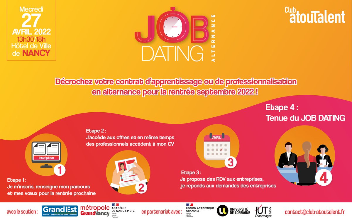 lp_acors's tweet photo. Invitation : Job Dating Alternance📣

@LpACoRS x @clubatoutalent

Tu souhaites poursuivre en #alternance pour la rentrée 2022 ? Suis les étapes d'inscription et rencontre des professionnels mercredi 27 avril à l'Hôtel de Ville de #Nancy📍!

Inscription➡️https://t.co/maJuBSzEgh https://t.co/YoczFuU668