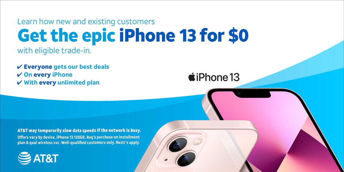 Angleton_ATT_AR's tweet photo. Everyone gets our best iPhone deals. Visit AT&amp;T Angleton and learn how to get iPhone 13 for $0. Available now. https://t.co/muvBidtweO https://t.co/5OxbyH6D0N