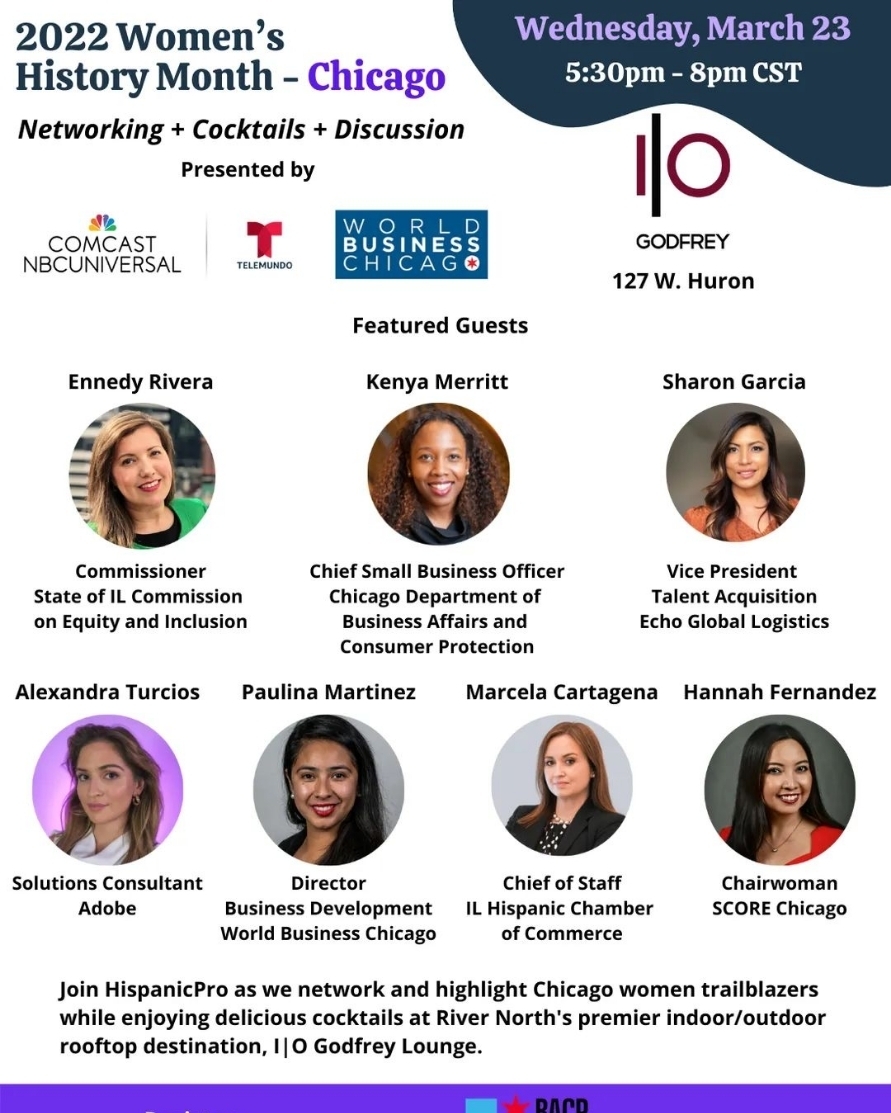 hispanicpro's tweet photo. 1 week away! Join #HispanicPro as we #connect with and highlight #Chicago trailblazers on Wednesday March 23 at @IOGodfrey https://t.co/tcxjL7HFGn #womenshistorymonth #diversity #inclusion #leadership #rivernorth https://t.co/nPFcXOcZPV