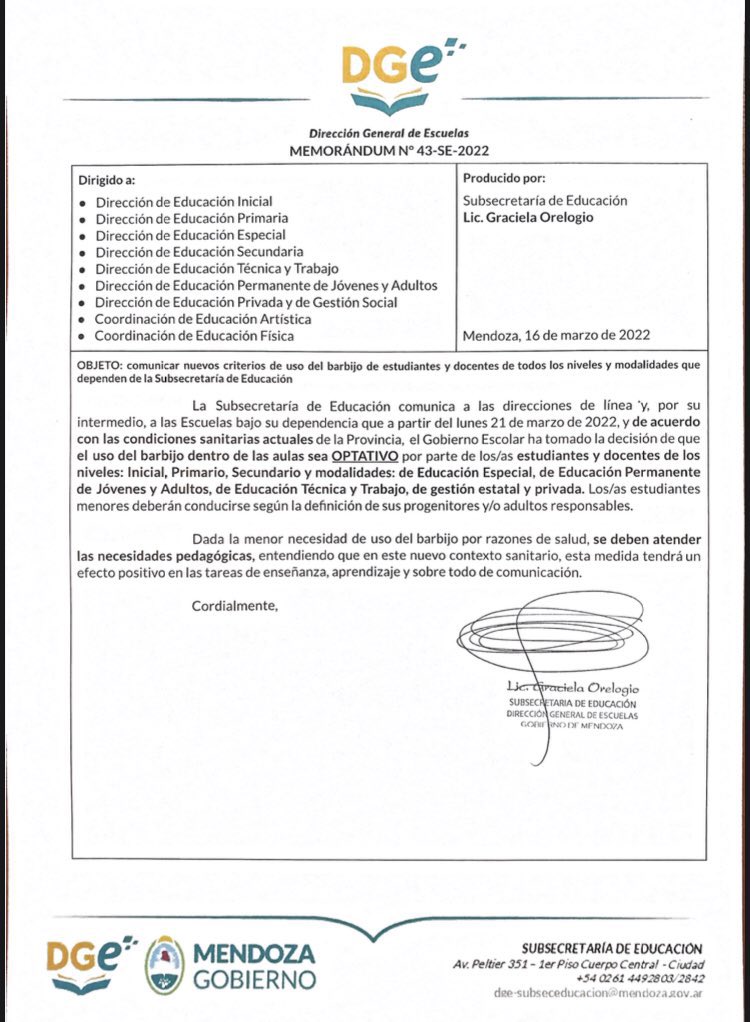 📣 MENDOZA: desde el próximo lunes el uso del 😷 será optativo para estudiantes y docentes de todos los niveles.
EXCELENTE NOTICIA 😃