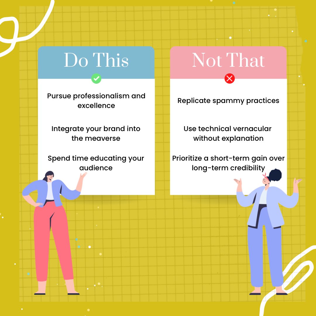 How NOT to have your #crypto project come off as spammy 👇👇👇

Professional comms✅
Metaverse presence✅
Educating content✅

Spammy practices (i.e. promoting your brand in someone else’s post comments)❌
Being overly techy❌
Sacrificing long-term cred for short-term gain❌