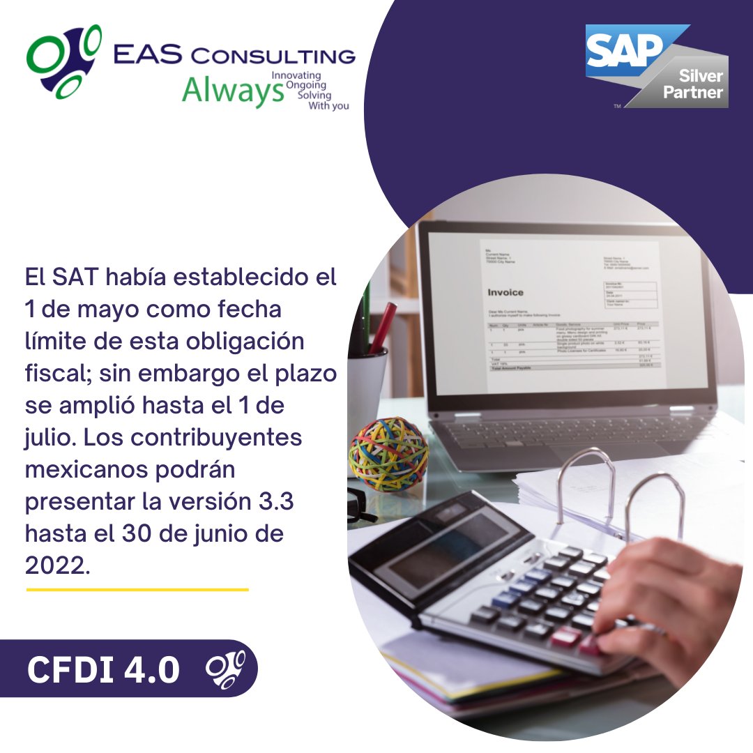 easconsultingmx's tweet photo. ¿Ya actualizaste tu facturación a la versión 4.0 del CFDI? En EAS estamos apoyando a nuestros clientes a cumplir con esta normativa fiscal, si aun no lo haces contáctanos y nuestros especialistas te asesorarán para lograrlo a tiempo https://t.co/wOhQhTzIHi          #cfdi #sap https://t.co/6vszq1WRp1