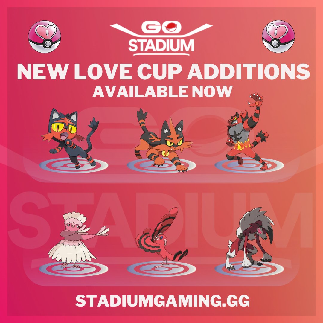 StadiumStats's tweet photo. It's time for some Alolan Love... The following Pokemon are now available to use in #GOBattleLegue Love Cup.
💝Litten
💖Torracat
💗Incineroar
💝Baile Style Oricorio
💖Pa’u Style Oricorio
💗Midnight Form Lycanroc https://t.co/PscDMuTUNU