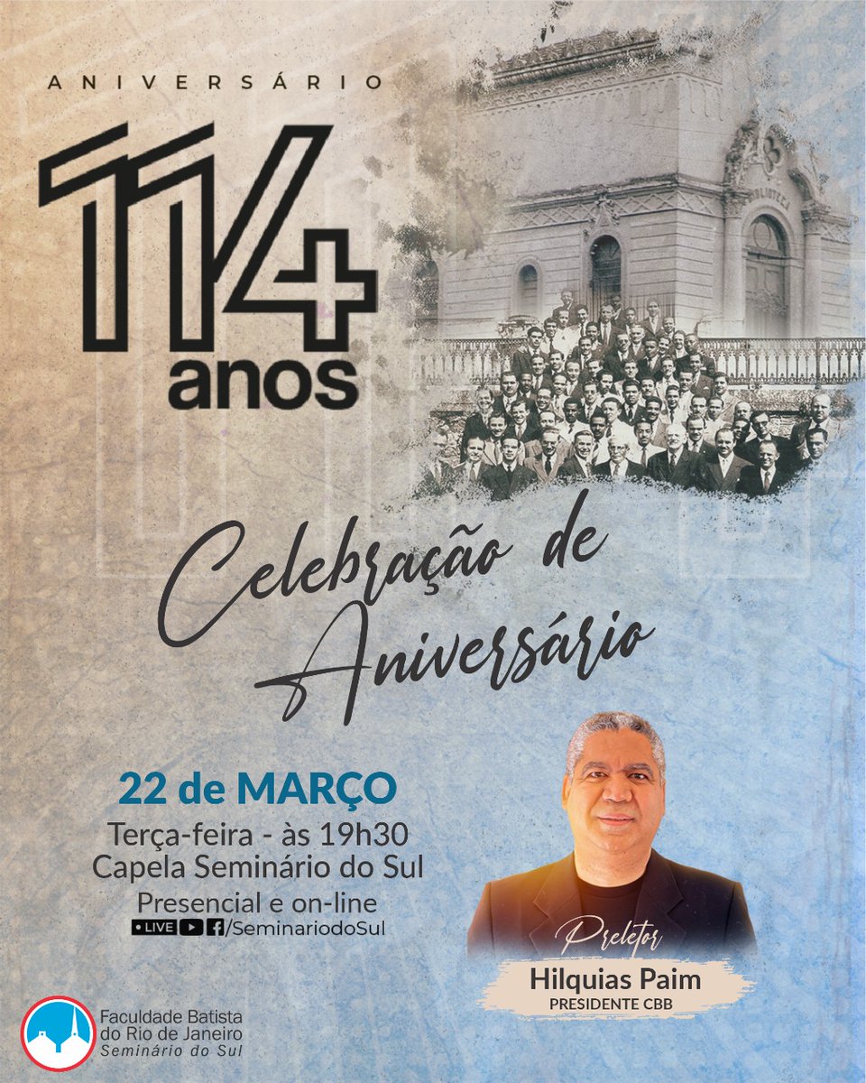 batistasdacbb's tweet photo. Comemore os 114 anos do Seminário do Sul, na próxima terça-feira, 22, às 19h30. Evento será realizado na Capela do Seminário. Você pode acompanhar a celebração no Youtube e Facebook da Instituição.
Pr. Hilquias Paim, presidente da CBB, será o preletor.
#CBB #STBSB https://t.co/pDj2VyHlk0