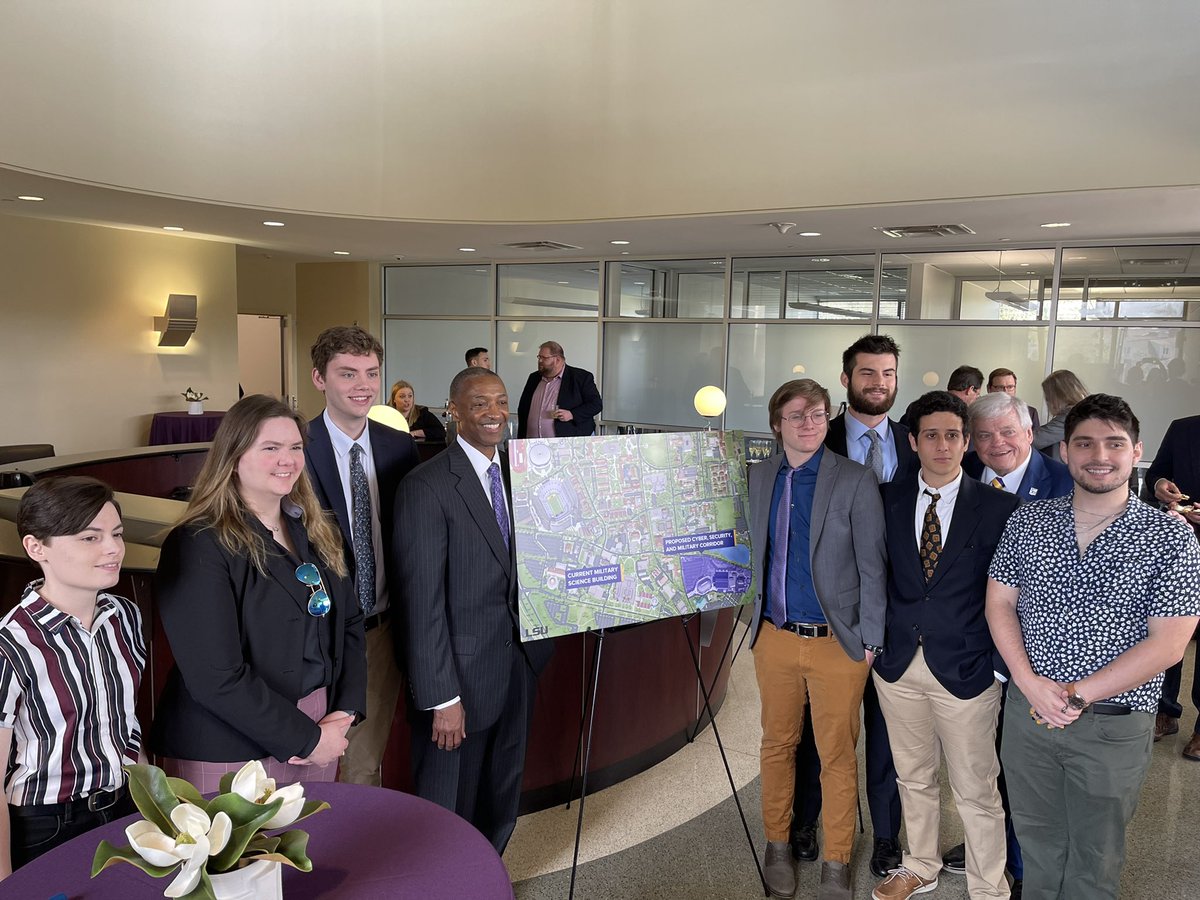 WFTate4's tweet photo. Thankful to launch a corridor to support military studies, cybersecurity research, and leadership studies @LSU We seek to protect and serve our businesses, government agencies, and the people of the state. These students are the best in ROTC and cyber defenders💜💛 https://t.co/McIq1rZZKn