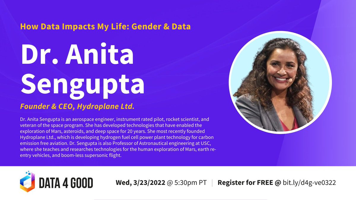 Data 4 Good (@data4goodinc) on Twitter photo Dr. Anita Sengupta (<a href="/Doctor_Astro/">Dr. Anita Sengupta 🌎</a>) is part of our upcoming speaker panel! 🙌
As an aerospace engineer & rocket scientist 🚀, she’s developed tech that’s enabled exploration of Mars, asteroids, & deep space for 20 yrs.
bit.ly/d4g-ve0322
#data4good #womenintech #IWD2022 Dr. Anita Sengupta (<a href="/Doctor_Astro/">Dr. Anita Sengupta 🌎</a>) is part of our upcoming speaker panel! 🙌
As an aerospace engineer & rocket scientist 🚀, she’s developed tech that’s enabled exploration of Mars, asteroids, & deep space for 20 yrs.
bit.ly/d4g-ve0322
#data4good #womenintech #IWD2022