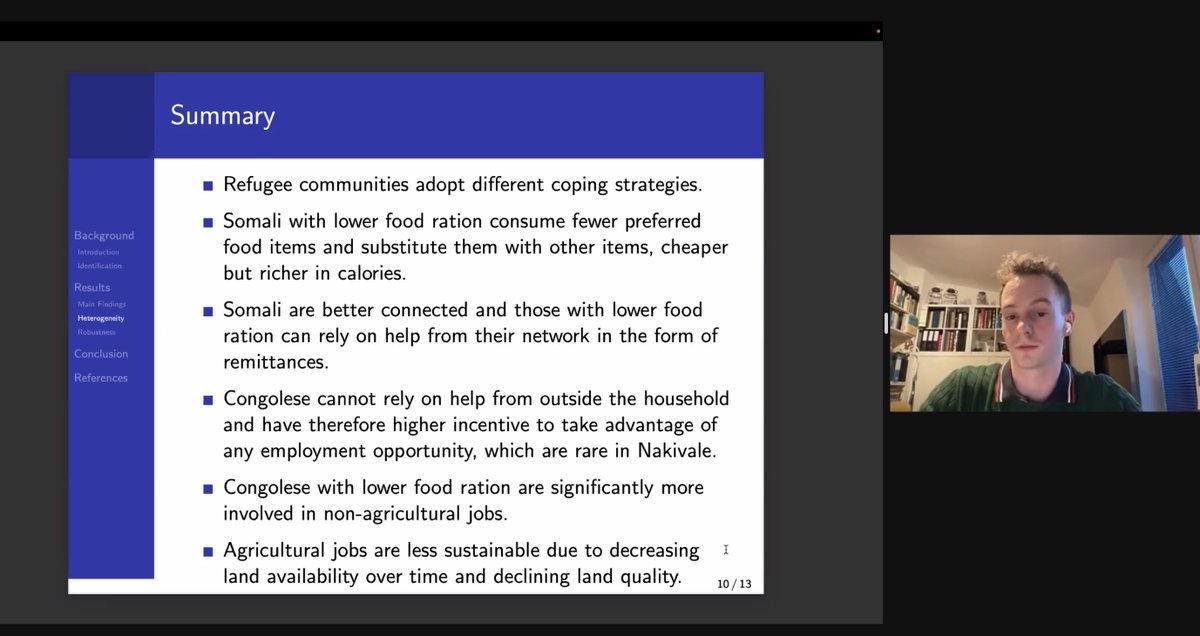 Final speaker for the session is Mirko Vintar who shows how a reduction in food entitlements in a large refugee camp in Uganda can impact health, nutritional and employment outcomes using a regression discontinuity design
 #OxCSAE2022 <a href="/Oxford_CSAE/">CSAE</a>
