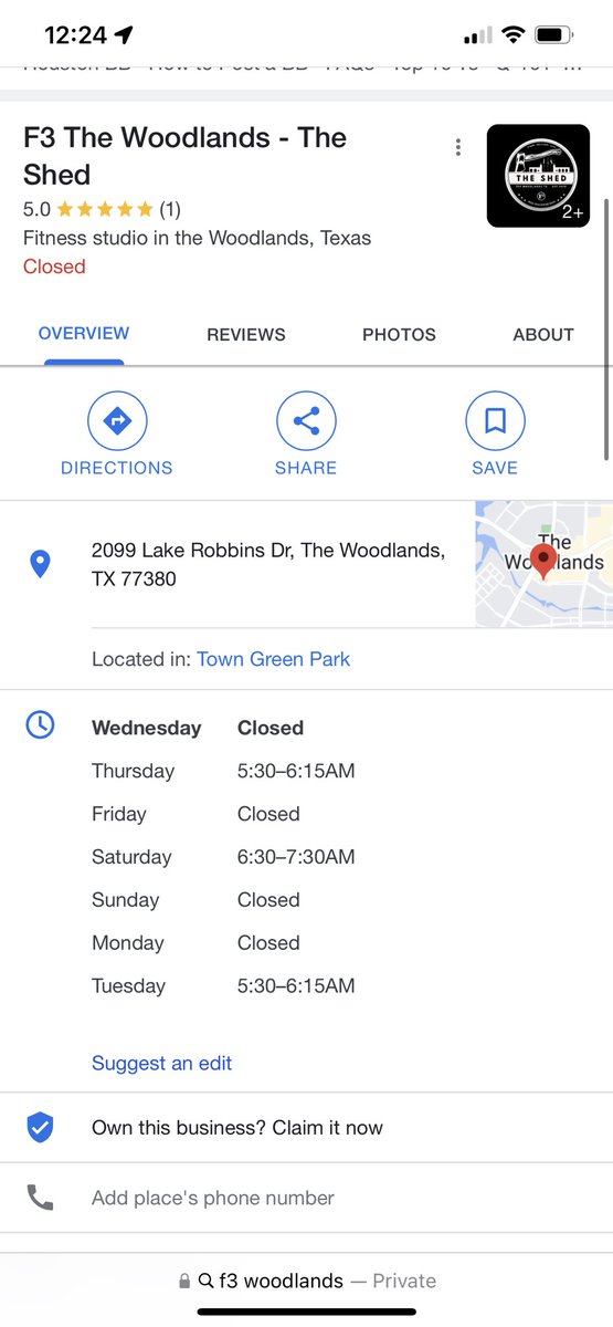 F3Sandbag's tweet photo. Yo @F3Houston, how did y’all get The Shed to show up on google maps and as a result when I google search “F3 Woodlands”? Nice to have dates/times/etc. Thought it was cool when I visited y’all a while back. It’s great for DR PAX! https://t.co/7DySu3hLrB