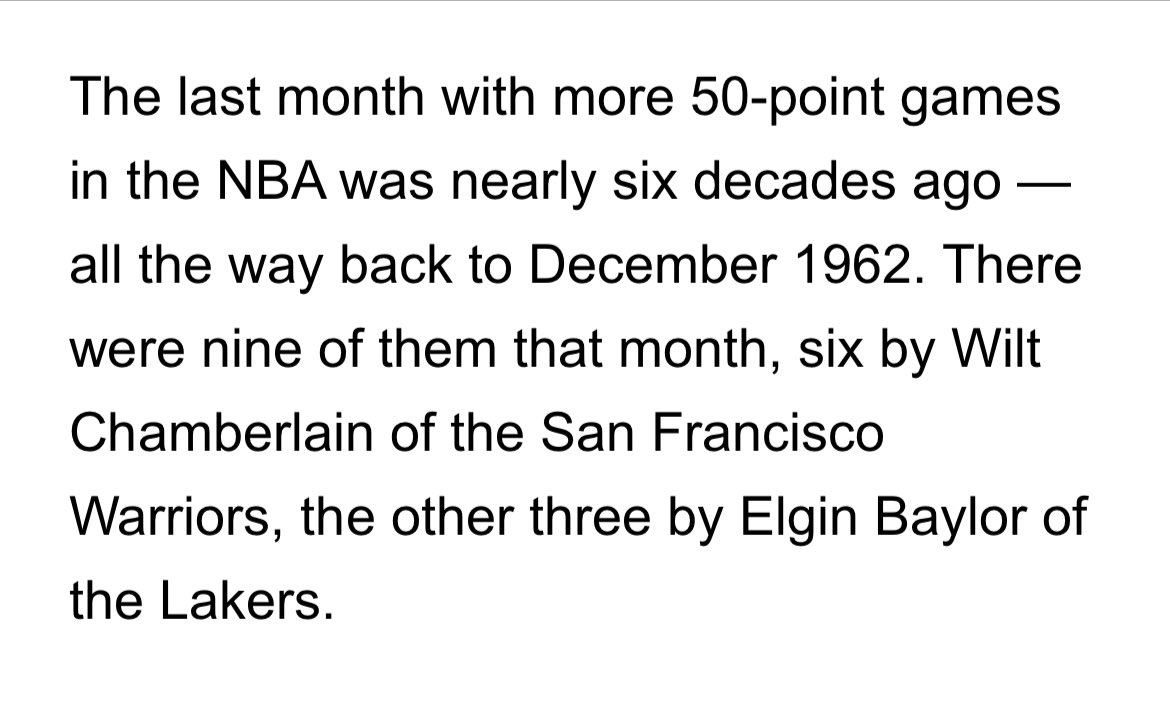 The 50-point game is rampant in the NBA right now with seven already this month. The craziest thing is that Wilt Chamberlain had eight all by himself one month back in October 1962!