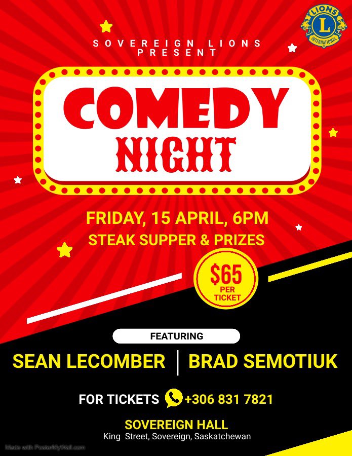 💥Mark your Calendar!💥We’re hosting a Comedy Night and Steak Supper April 15th at the Sovereign Hall! We’ll have door prizes and high quality beverages available.  Contact members for tickets or DM us!