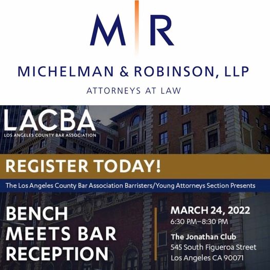 LACBABarristers's tweet photo. We would like to thank Michelman &amp; Robinson LLP, for its generous Gold-level sponsorship of this year’s Bench Meets Bar Reception! We’re excited to see you all IN PERSON on March 24. Event details: https://t.co/yCPaySawjf

#LACBA #BenchMeetsBar #michelmanandrobinson #lawyering https://t.co/0DxONPAq3O