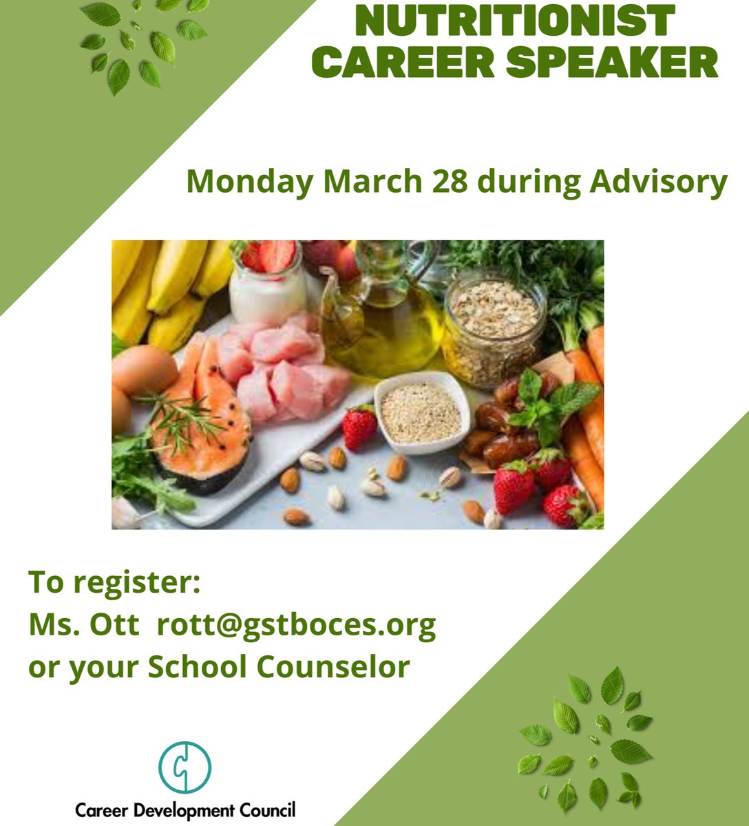 SVE_HS's tweet photo. Nutritionists plan &amp; conduct food and nutritional programs to help people lead healthy lives, earn an avg of $64,000/yr and the career is growing faster than avg! Come learn more from a current nutritionist during advisory on 3/28.  See your counselor for a pass. https://t.co/M4I1K34Jn5