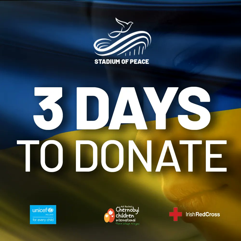 Only 3 days left!

Anyone can make a donation to buy a seat at the Virtual Stadium of Peace of €5, €10, €20 or your preferred amount at buff.ly/36mITV6 by Saturday 19th March. 

Let's do this 🇺🇦