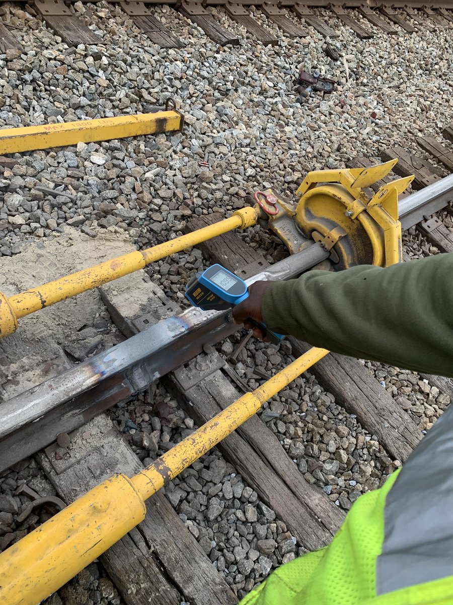 IndustryRailway's tweet photo. Out with @RailWorksCo on a job in Alabama using the Temp Gun Infrared Thermometer on some welded rail. This Temp Gun goes up to 1600°F and is more robust. -Shop Temp Gun: https://t.co/YZK9qLwXFm #railroadmaintenance #railroadwelding #grindingrail #railgrinding #maintenanceofway https://t.co/8YzKb83Rs5